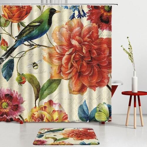 Chinese Style Flower And Bird Shower Curtains Set Bath Mat Peony Printing Kitchen Bathroom Room Decoration Bath Screen Carpets