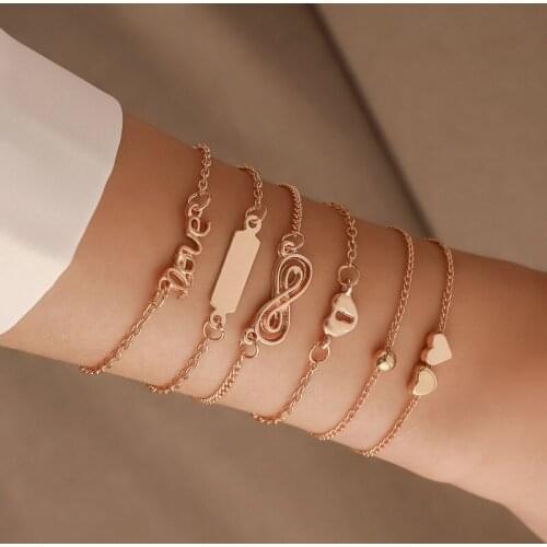 6 Pcs/Set Gold Link Chain Bracelets Set for Women Love Heart Infinity Symbol Charm Bracelets Fashion Love Initial Bracelets Gift