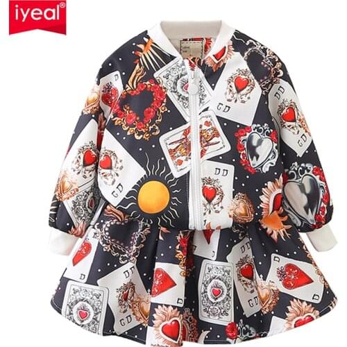 IYEAL New Fashion Girls Clothing Sets Spring Kids Clothes Long Sleeve Print Jacket Tops + Skirts Suit Children Outfits for 3-8Y