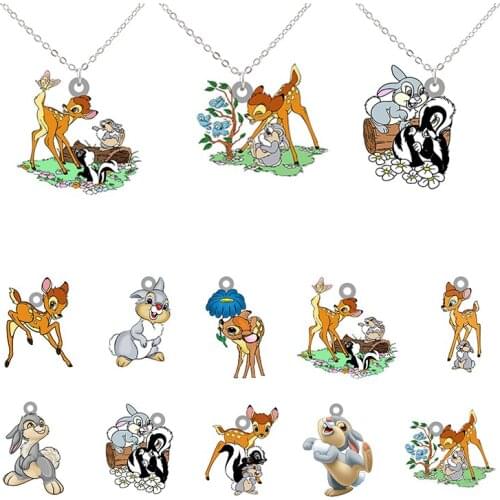 Disney Bambi Samp And Flowers Play With Long Chain Necklace Creative Acrylic Necklace Fawn Bambi Cartoon Animation Necklace