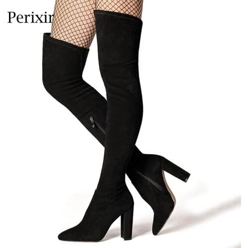 Perixir Design 2020 New Black Suede Elastic Over The Knee High Boots Fashion Sexy Lady Thick Heel Zip Flock Shoes