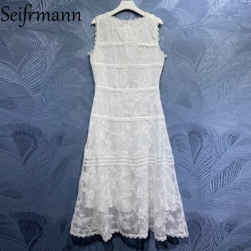 Seifrmann New 2021 Summer Women Fashion Runway Party Midi Dress Sleeveless Gorgeous Lace Embroidery Elegant White Print Dresses