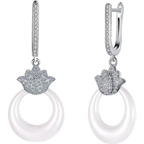 ZEMIOR Sterling Silver 925 Jewelry Round Ceramics Earrings Dangle For Women Lotus Flower Full Cubic Zirconia Drop Earring
