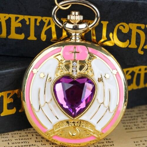 Magic Rhinestone Heart Pattern Quartz Pocket Watch Necklace Pendant Gifts for Girls Student Women Kids