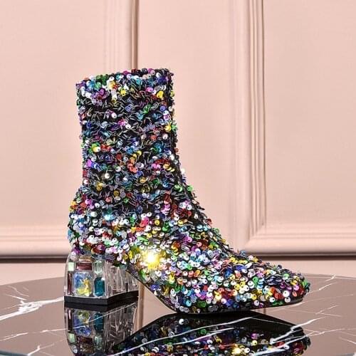 US4-11 Womens Square Toe Sequins Rainbow Colors Bling Ankle Boots Strange Clear Crystal Diamond Heel Leather Shoes Plus Size K01