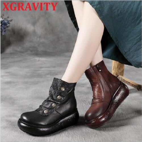 XGRAVITY Thich Sole Platform Pumps High Heel Wedge Platform Boots New Cow Leather Women Boots Flower Lady Short Footwear S110