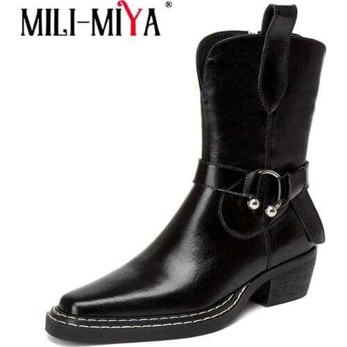 MILI-MIYA Brand High Quality Leather Women Autumn Classic 4.5cm Heels Western Ankle Boots Fashion Office Square Toe Shoes Black