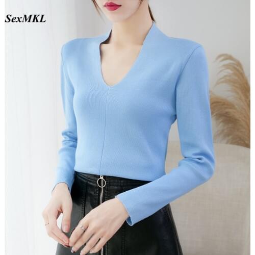 Sexy V Neck Pullover Women 2020 Fashion Winter Long Sleeve Sweater Slim Ladies Office Knitted Sweaters White Tops Pull Femme