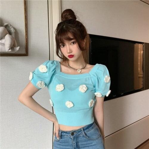 2021 Summer Design womens fashion retro French style short puff sleeve 3D flower patchwork knitted crop top knits tees SML