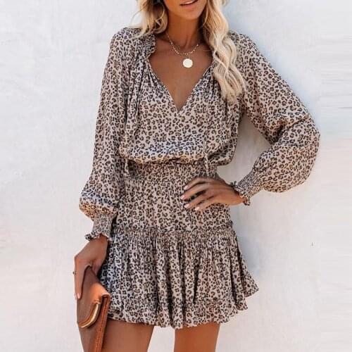 AYUALIN Cotton Leopard Print Mini Dresses For Women Casual Lantern Long Sleeve V Neck Autumn Dress Elastic waist Boho Robe 2021