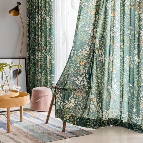 American Fresh Forest Green Plant Flowers Living Room Curtains Pastoral Coarse Cotton Semi-shading Bedroom Balcony Sunshade #5
