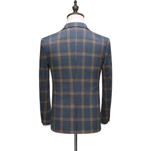 Brand Men Casual Business Blazer Set Fashion Plaid Slim Fit Single Button Suit Jacket Vest Pants Three Piece Set Wedding Blazer