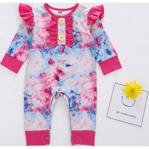 Baby Girls Romper Tie-Dye Print Round Neck Button Ruffles Long Sleeve Jumpsuit Cute Kid Girl Clothes