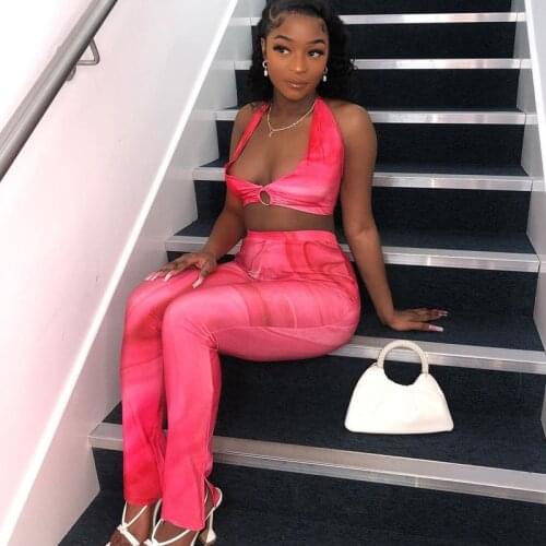 Dulzura Tie Dye Print Women Two Piece Set Halter Crop Top Lace Up Slit Leggings Bodycon Tracksuit Outfit 2021 Summer Clothes