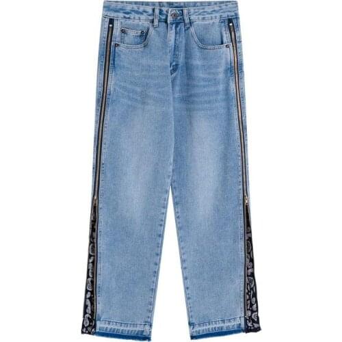 Mens Spring Fashion Loose Fit Straight Jeans Mens High Street Side Open Zipper Cashew Flower Splicing Wide Leg Streetwear Pants