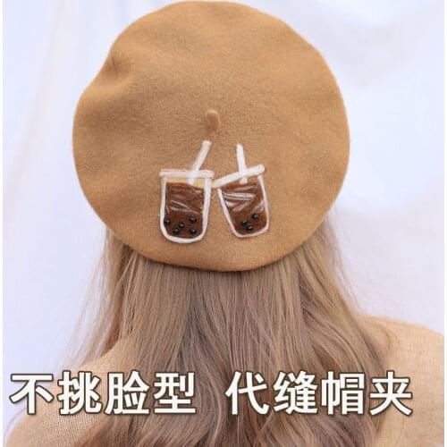 French Winter Warm Woolen Hat Beret Flat Hat Korean Mori Girl Bowknot Painter Cap Womens Lovely Milk Tea Artist Hat Japanese