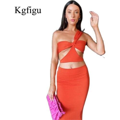KGFIGU 2021 Fall New Style Soft Dresses Two Piece Sets For Women Sexy Strapless Snug Crop Tops Holiday Party A-Line Skirt Outfit