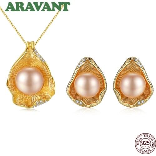 Unique Design 925 Sterling Silver Freshwater Pearl Jewerly Sets For Women Statement Necklace Earrings Set 2 Colors