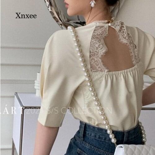 2021 Lace Backless Tops New Spring Summer Shortpuff Sleeve Sweet T-Shirt Top Female Design Niche Elegant French Chic Clothing