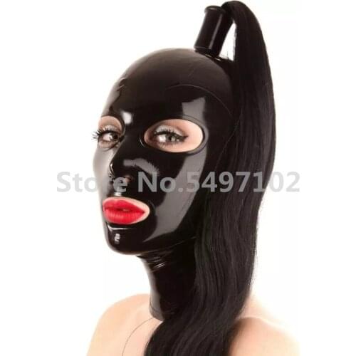 Handmade Gummi 0.4mm Black Latex Rubber Mask Hood with Black Hair Pigtail for Party Latex Hood Mask