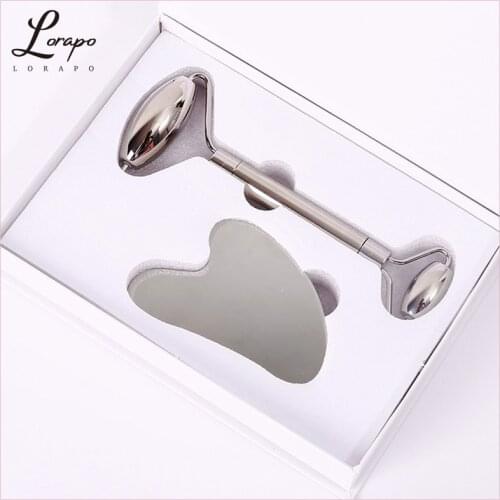 Facial Massager Stainless Steel Face Massage Roller Gouache Scraper Facial Guasha Massager Gua Sha Spatula Skin Care Kit Box
