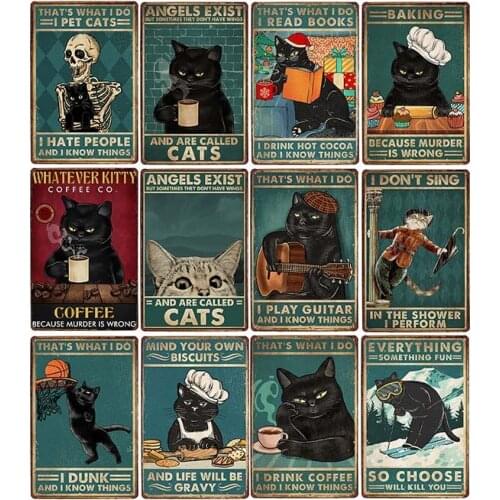 Black Cat Pet Cartoon Image Metal Sign Wall Art Plate Retro Decoration House Room Iron Painting Plaque Poster Home Decor 20x30CM