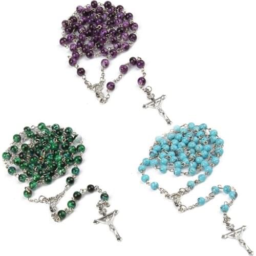 Prayer Green/Blue Natural Stone Beads Rosary Necklaces Catholic Necklace Crucifix Cross Pendants Christian Religious Jewelry