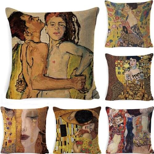 Sex Gustav Klimt Painting Cushion Cover Gold Pattern Sex Nude Print Pillow Cover Linen 45*45cm Throw Pillowcase For Home Decor