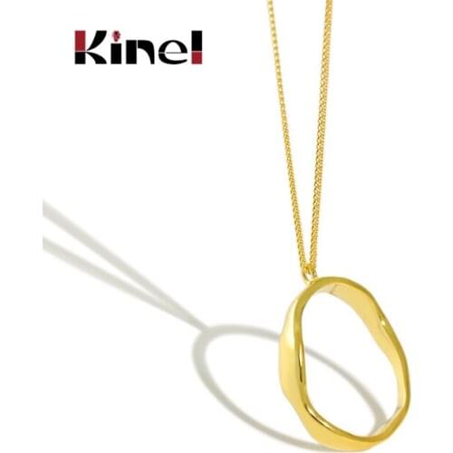 Kinel 925 Sterling Silver Necklace INS Irregular Wave Pattern Geometric Ellipse Pendant 14K Gold Plated Fine Jewelry For Women