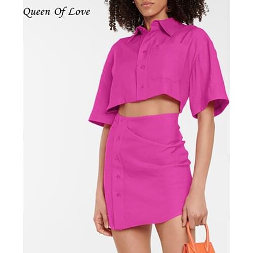 Sexy One Piece Short Sleeve Crop Top And Button Spilt Skirt Dress Outfits 2021 Summer Fashion High Waist Cut Out Party Dresses