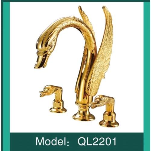 Luxury gold plated brass Swan bathroom sink faucet Art basin mixer faucet Cold hot water tap with pipe-High quality assurance