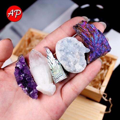 Runyangshi 5pcs/set Natural crystal cluster Original point minerals amethyst cluster Collect woodenbox gifts for Home decoration