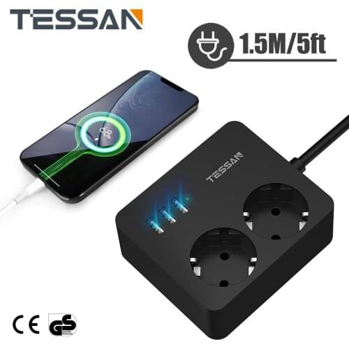 TESSAN USB Socket Power Strip, with Power Switch 2 Outelts 3 USB Ports 1.5m Cable, 5-in-1 Socket Adapter with Surge Protection