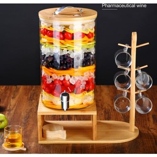 Glass Cold Water Pitcher Beverage Barrel With Tap Wood Cups Large Capacity High Borosilicate Glass