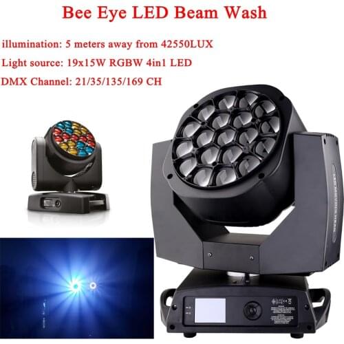 LED Beam+Wash 19x15W RGBW 4IN1 Bees Eyes LED Moving Head Light With Excellent Pragrams 21/35/135/169CH Channels Disco DJ Lights