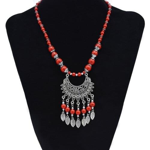 Bohemian Bib Statement Necklace Red Acrylic Beads Choker Necklaces for Women Ethnic Jewelry Festival Party Gift Tribal Gypsy