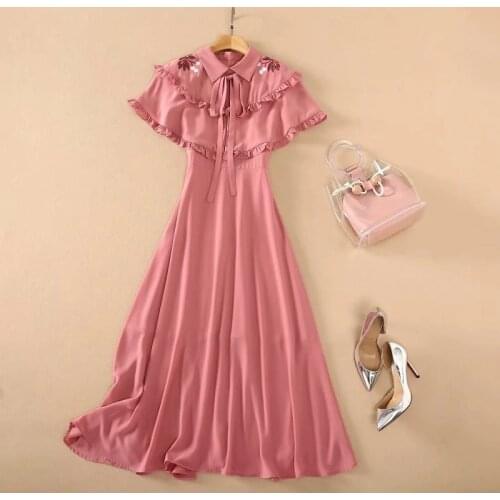 Cape Poncho Dress 2021 Summer Style Women Turn-down Collar Floral Embroidery Deco Sweet Pink Long Maxi Dress Ladies Party Wear