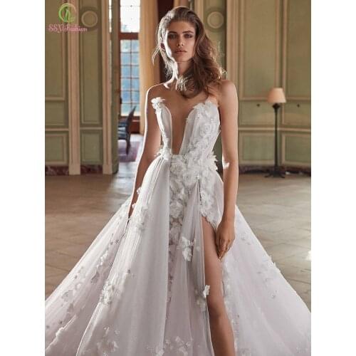 SSYFashion Romantic White Flower Evening Dress Detachable Tail Appliques A-line Beach Party Formal Gowns Vestido De Novia