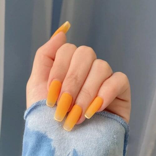 24pcs Orange Nail Patch Glue Type Removable Long Paragraph Fashion Manicure Save Time False Nail Patch SANA889