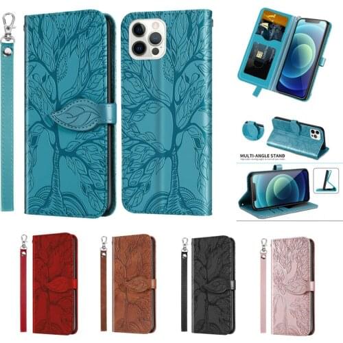 On For iPhone 12 Pro Case 3D Tree Embossed Funda For iPhone 11 Pro 12 Mini XS Max XR X 7 8 Plus SE 2020 Luxury Flip Wallet Cover