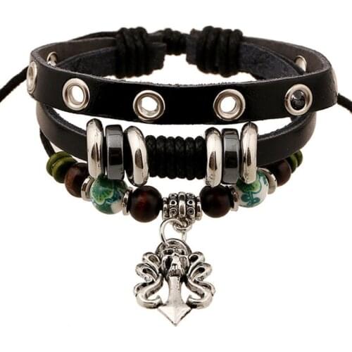 Punk Rock Skull Black Bracelet Multilayer Leather Vintage Skeleton Beads Charm Bangle Retro Wristband Wrap Unisex Gothic Jewelry