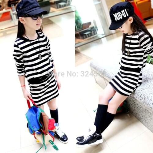 2020 Summer and spring kids fashion normic stripe skirt girls one-piece dress child long-sleeve 100% cotton dress suit