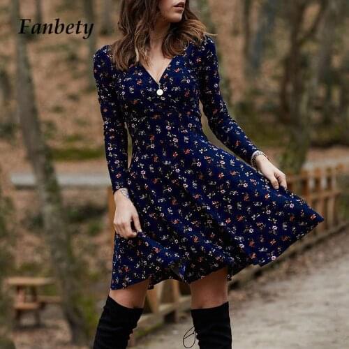 Spring Elegant V Neck Women Party Dress Fashion Floral Print Long Sleeve Mini Dress Casual Ladies Slim A-line Dresses Vestido XL
