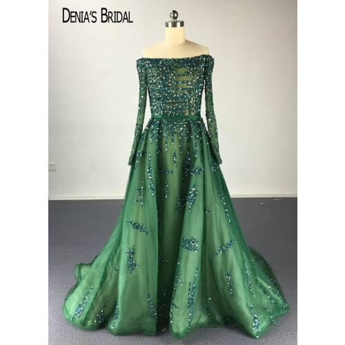 Glamorous Navy Blue Bateau Off the Shoulder Beaded Long Sleeve Luxury Evening Dresses