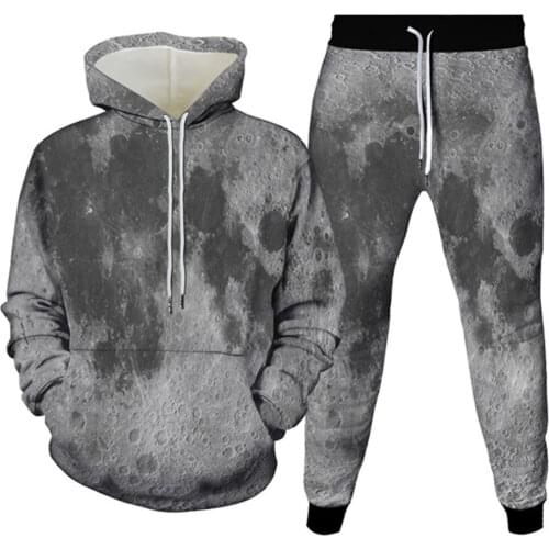 Men Sets Hoodie+Pants Autumn Spring Hooded Sweatshirt Sweatpants 2Pcs Women 3D Print Lunar Surface Gray Black Art Color Clothes