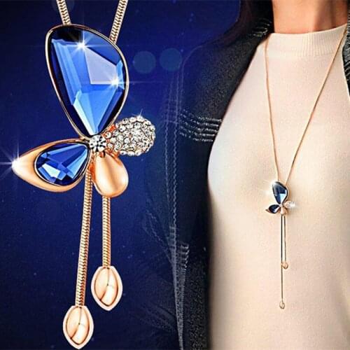 Hot sell Classic Crystal Butterfly Tassel Long Necklace Women Bijoux New Fashion Jewelry Necklaces & Pendants Gift
