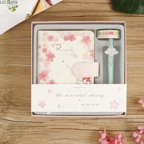 Cute Pink Cherry Blossom Sakura Rabbit Notebook with Pen Tape Set Action Figure PU Leather Cover Magic Handbook Paper Diary Book