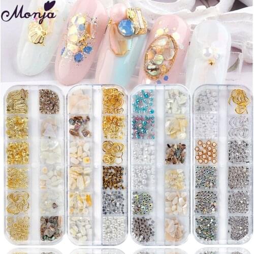 Monja 4 Styles Nail Art Irregular Leaf Star Shell Feather Shape Hollow Rivet Flat Rhinestone Pearl Flake DIY Manicure Decoration