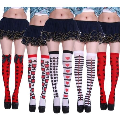 New Style Sexy Bar Casino Poker Printing Women Thigh High Stocking Halloween Costume Accessories Party Socks Red Over Knee Socks