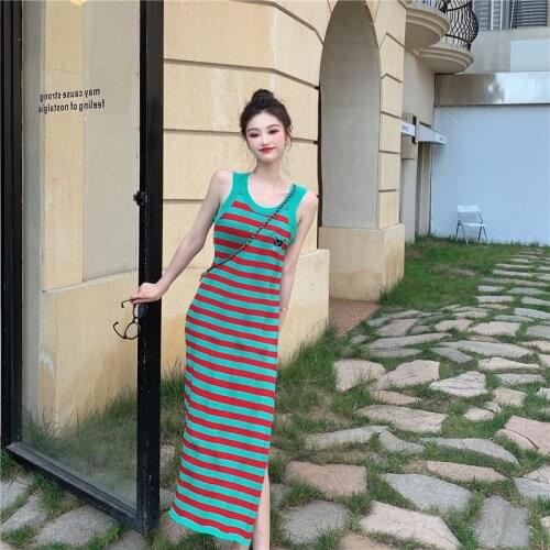 Real Shot Korean Holiday Style ColorContrast Rainbow Stripe Loose Round Neck Split WAISTCOAT DRESS